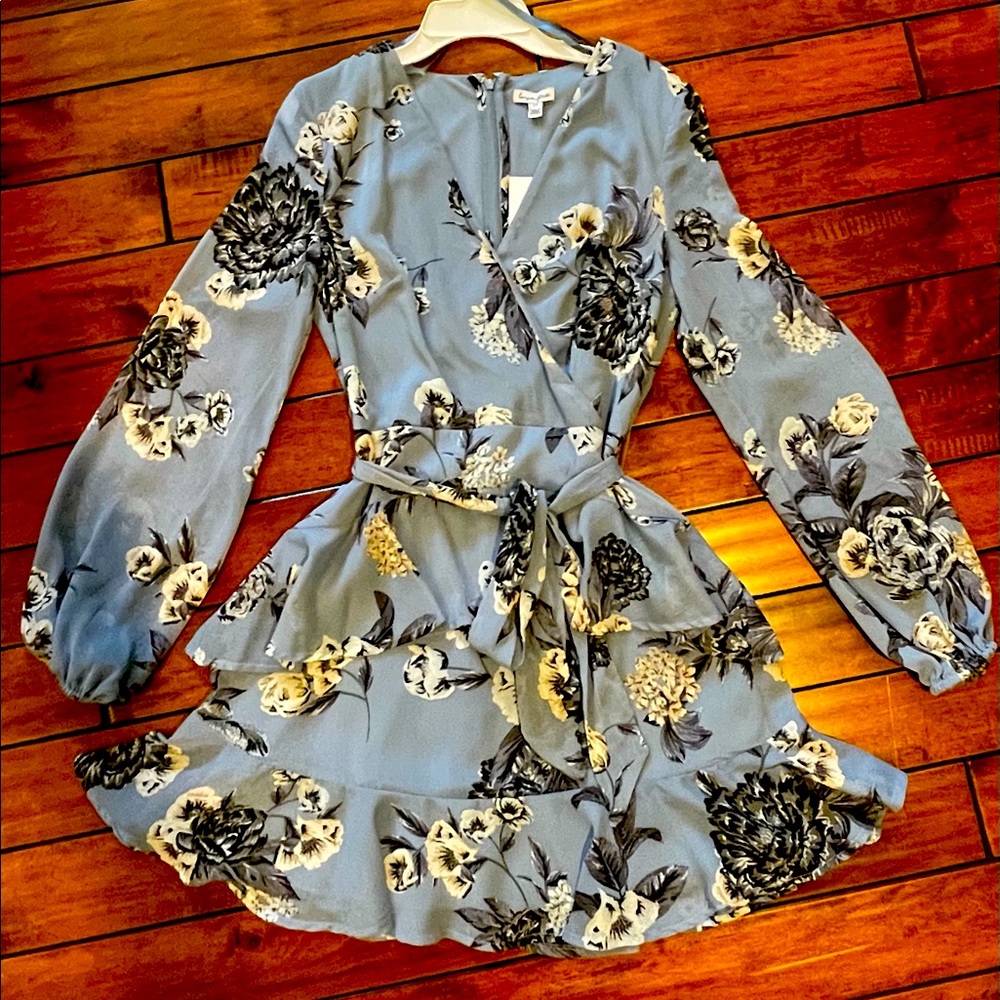 Love, Fire. Floral Wrap Ruffle Dress. Blue.Size S.